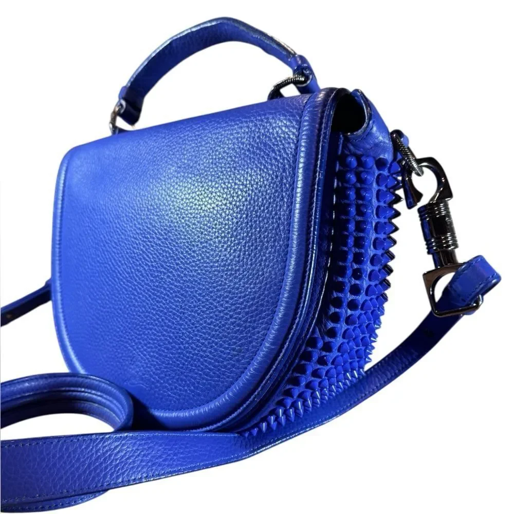 CHRISTIAN LOUBOUTIN Blue Leather Panettone Spiked Messenger Crossbody Bag